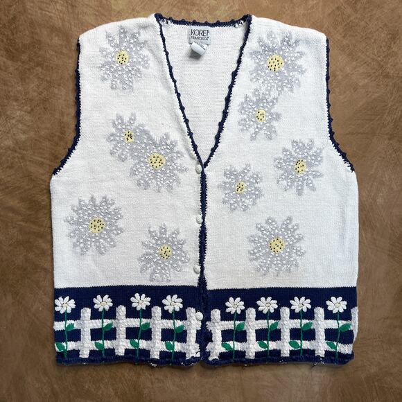 Koret Francisca Vintage Floral Sweater Vest Sleeveless Cardigan Knit Blue White - Picture 1 of 8